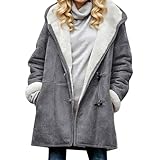 Damen Lammfellmantel, gefütterter Kapuzenmantel mit Hornknöpfen, Wildleder Winterjacke, kuschelige...