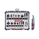 Bosch Professional 15tlg. Fräser Set mit Cuttermesser (für Holz, Ø 8 mm Schaft, Zubehör...