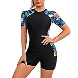 Damen Surfanzug Badeanzug mit Bein Reißverschluss Einteiler Kurzarm Rashguard UPF 50+ Bademode...