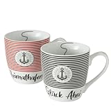 BOLTZE 2er Set maritimer Jumbobecher, Kaffee- oder Teetasse, Marino, Porzellan, Farbe: weiß, rot,...