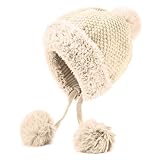 Damen Wintermütze mit Ohrenklappen und Kunstfell-Bommeln - Warme Strickmütze im peruanischen Stil...