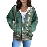 Generisch Damen Zip-Hoodie mit Vintage-Blumen-Print - Leichte Kapuzenjacke mit floralem Muster |...