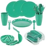 LS-LebenStil Camping Geschirr Set 31-teilig Grün Picknickkorb Picknick-Set für 6 Personen...