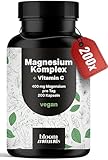 Magnesium Komplex hochdosiert - 200 Kapseln - 400 mg Magnesium pro Tag + Vitamin C, mit Bisglycinat,...
