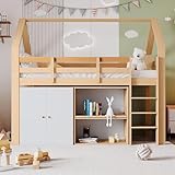 Becag Kinderbett 90x200 cm, Hausbett Hochbett mit 2 Regalen und Aufbewahrungsschrank, Holzbett...