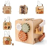 WOODEN TEETHER Montessori Motorikwürfel holzspielzeug Montessori Spielzeug 6 in 1（Naturholzfarbe...