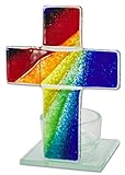 Tischkreuz Teelichthalter Kreuz zur Meditation Gebet Regenbogen Fusing Glas 11 cm Kruzifix Stehkreuz...