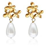 Perlen-Ohrringe gold, Muschelkern-Tropfenperle, zarte Blüten-Ohrstecker, Perlen-Schmuck...