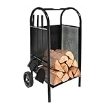 TRUTZHOLM Kaminholzwagen mit Kaminbesteck 3 tlg. Schaufel, Besen, Schürhaken 83x42x36 cm, schwarz...