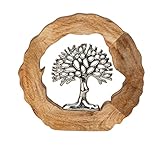 Moderne Skulptur Dekofigur Lebensbaum im Kreis aus Aluminium auf Sockel aus Holz Silber/braun D 26...