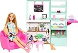 Barbie Kuschliges Café Spielset - Puppe, Möbel und 21 Zubehörteile inklusive Teekanne mit...