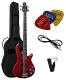 ELEKTROBASS - ROT TRANSPARENT - SET MIT TASCHE PIKS GURT KABEL - E-BASS MASSIVHOLZKÖRPER - VISION...