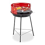 Relaxdays Holzkohlegrill, Ø 37 cm, Dreibein, Picknickgrill Garten & Park, Griller mit Windschutz,...