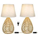 2 pcs Tischlampe Vintage Rattan Schreibtischlampe Stoff Schirm Nachtlicht Boho Handgefertigter...