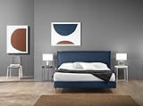 EVERGREENWEB Doppelbett aus Holzlatten mit Kopfteil und Bezug aus blauem Stoff, einfach zu...