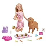 Barbie Newborn Pups Playset, Puppe mit blonden Haaren, Hundeset, inkl. 3 Welpen, 10 Accessoires,...