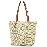 Aucuu Strohtasche, Strandtasche Damen, Stroh Handtasche mit Ledergriffe und Reißverschluss, Groß...
