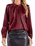 Beluring Business Outfit Damen Lässige Stehkragen Bluse Langarm Satin Shirt Top Weinrot L