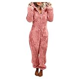 Damen Fleece-Jumpsuit Winter Warm mit Kapuze Pyjama Casual Rompe Nachtwäsche Niedlich Hausmantel...