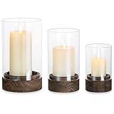 Hewory Windlicht Glas Tischdeko Outdoor: 3er Set Vintage Glaszylinder für Kerzen mit Holz Boden...