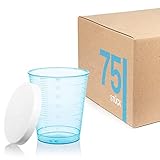 Tuuters 75 Medikamentenbecher, 30ml – bruchsicher, Schnapsbecher, Medizinbecher (Blau + Deckel)