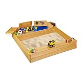 Relaxdays 10033854 Sandkasten mit Matschfach, Sandkiste Holz, Kunststoff, mit Sitzbank, 125 x 120...