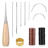 Nynkyon 11x Leder Nähset, Leder Nähgarn set mit Ahle, Wachsfaden, Nadeln und Fingerhut für DIY...