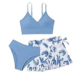 3 Stück Mädchen Bikini Sets Blau Einfarbiges Badeanzug Verstellbare Bikini Oberteil mit Triangel...