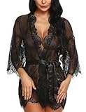 RSLOVE Damen Spitzen-Kimono-Robe Babydoll Dessous Eyelash Nachthemd Kleid Schwarz Extra Groß