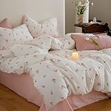 Lanqinglv Bettwäsche 135x200 Weiß Rosa Tulpen Blumenmuster Bettwäsche aus Microfaser,ÖKO-TEX...