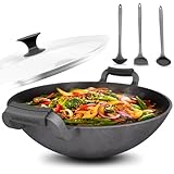 ZAUBERWOK 33cm Gusseisen Wok Induktion - Gusseisenpfanne mit Silikon Hitzeschutzgriffen für...