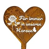 MOAZIFI Grabschmuck Herz aus Stahl - Wetterfeste Grabdekoration mit Rosendesign, Rostfarbener...