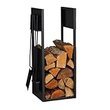 Relaxdays Kaminholzregal mit Besteck, Metall, HBT: 76,5x36x30 cm, Brennholzregal innen, Holzscheite...