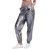 Faschingskostüme Damen Metallic Freizeithose Glänzend Jogginghose mit Kordelzug Hose Casual...