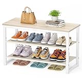 HOMIDEC Schuhregal mit 3 Ebenen, Schuhbank mit Holzplatte, Schuhregal mit Sitzbank, Regal...