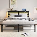 HaoChrymec Bettgestell 140x190 cm mit LED-Beleuchtung, USB-Ladestation, Metallbett mit Stauraum,...