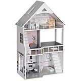 AIYAPLAY Puppenhaus aus Holz, 3-stöckiges Spielhaus mit 13 Möbelstücken, Zubehör, 85,3 cm Hoch...
