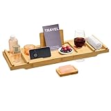 SONGMICS Badewannenablage ausziehbar, Badewannenbrett aus Bambus, 70-95,6 cm breit,...