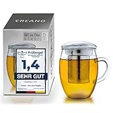 Creano Teeglas all in one 400ml, Große Teetasse mit Edelstahlsieb und Deckel aus Glas, Teebereiter...