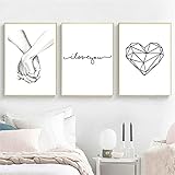 Trayosin 3-teiliges Premium Poster Set, Hand in Hand, Linie Liebe, Modern Schwarz Weiß Love Bilder...