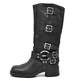 IF Fashion Damenstiefel Wadenhoch Biker Motorradstiefel mit mehreren Schnallen Amphibien 660-3, 730...