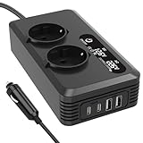 200W Auto Spannungswandler, Wechselrichter 12v auf 220v mit 2 Ladesteckdosen 2 USB Ports & 2 Type-C,...