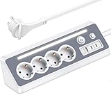 Steckdosenleiste mit 2 USB C, 4 Fach Flachstecker Mehrfachsteckdose Ecksteckdose mit LED,...