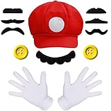 iZoeL Mario Luigi Kostüm Accessories Mütze Hut Handschuhe Bart gelbe Knöpfe Faschingkostüme für...