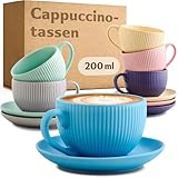 Cosumy Cappuccinotassen Bunt mit Untertassen 6er Set - 200ml - Keramik Streifenmuster -...