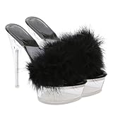 Generisch Damen High Heel Sandalen mit Dünnem Absatz Flauschige Hausschuhe mit Hohem Absatz...