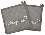 MC-Trend 2er Set Topflappen Lieblingsessen mit Schriftzug 20 cm in grau aus Baumwolle Topfhandschuhe...