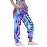 Faschingskostüme Damen Metallic Freizeithose Glänzend Jogginghose mit Kordelzug Hose Casual...