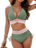 Hicodbek Bikini Damen Set Sexy Badeanzug Bademode Hohe Taille Farbblock Zweiteiliger Kordelzug...