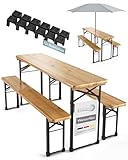 Beautissu 3tlg Bierzeltgarnitur klappbar 170x46 cm Holz - Biertischgarnitur mit Schirmloch Bierbank...